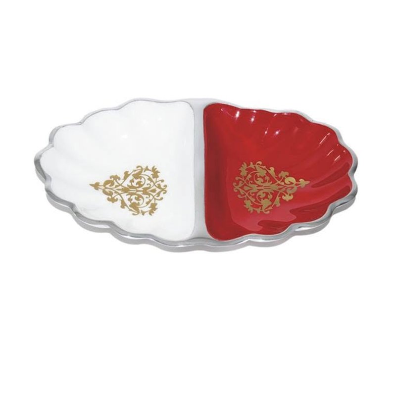 Two-section shell dish, red and white enamel